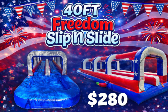 40-foot Freedom Slip N Slide rental for $280, with festive red, white, and blue decorations.