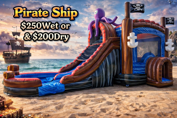 Colorful pirate ship-themed water slide with an octopus and pricing details.