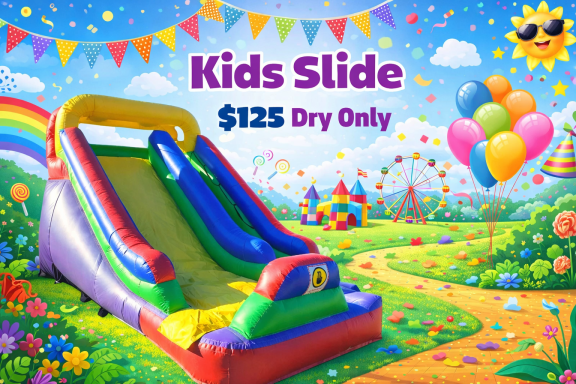 Colorful inflatable kids slide in a vibrant outdoor setting with balloons and decorations.