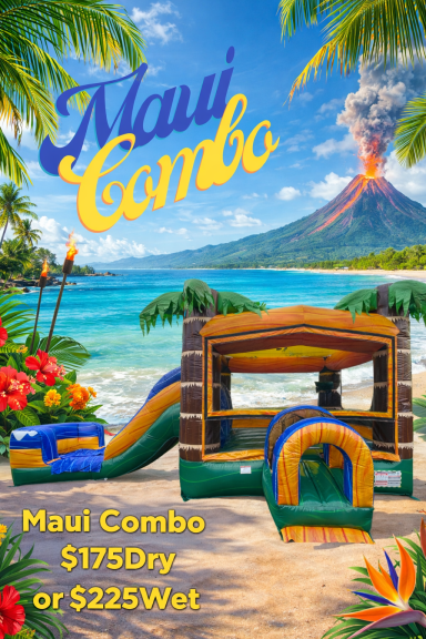 Colorful promotional image for "Maui Combo" inflatable rental with a backdrop of a volcano.