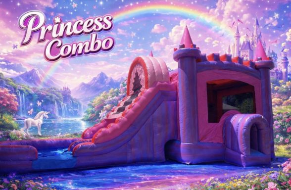 A colorful pink bounce house with a slide and a rainbow in the background.