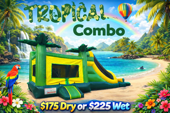 Bright tropical-themed bounce house combo with pricing details displayed.