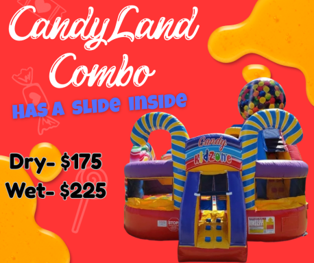 Colorful inflatable bounce house combo with slide, featuring candy theme and pricing details.