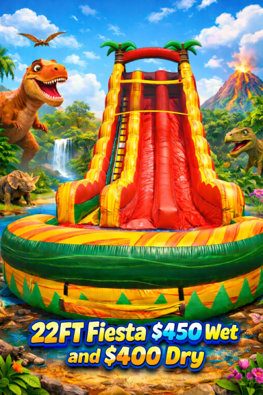 Colorful inflatable water slide in a tropical, dinosaur-themed setting. Price details included.