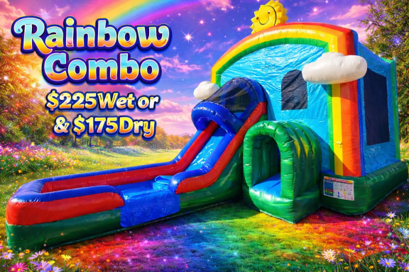 Colorful inflatable bounce house with a slide, labeled "Rainbow Combo" and prices.
