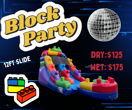 Colorful inflatable slide with LEGO-like blocks, promoting a Block Party event. Prices listed.