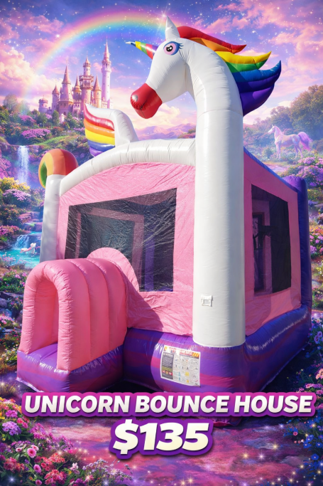 Colorful unicorn bounce house with pink and white design, surrounded by a whimsical background.