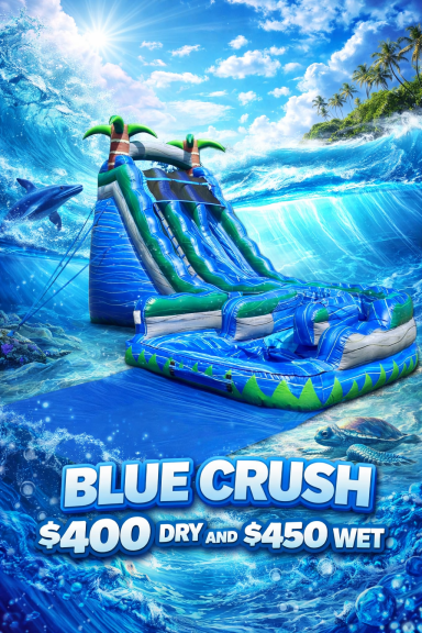 Water slide attraction named "Blue Crush" with prices listed for dry and wet use.