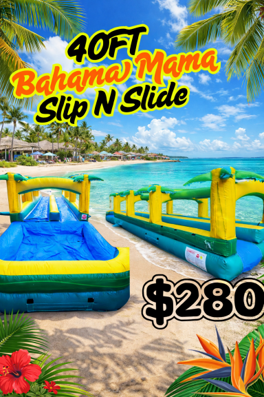 Colorful inflatable slip and slide on a beach, with palm trees and ocean in the background.