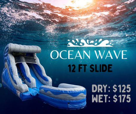 12-foot water slide with "Ocean Wave" design; rental prices listed for dry and wet use.
