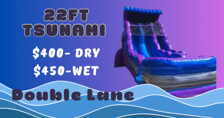 22ft Tsunami water slide rental pricing: $400 dry, $450 wet, double lane design.