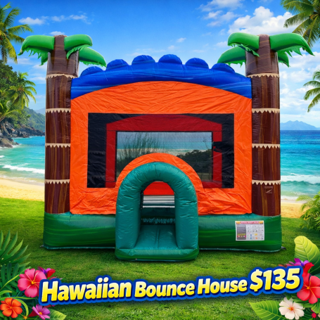 Colorful Hawaiian bounce house with palm trees, set against a beach background. $135.
