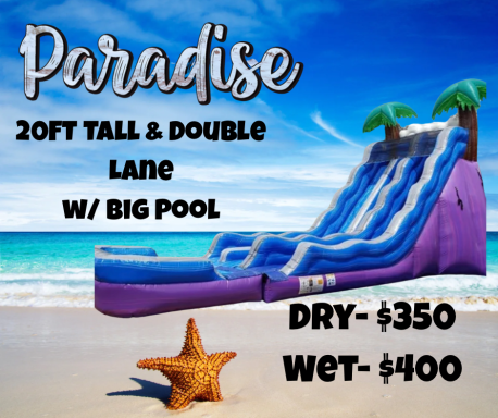 Water slide with palm trees on a beach, pricing listed for dry and wet use.